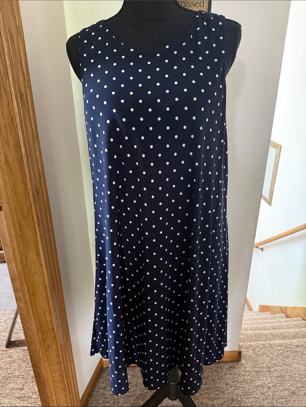 Anne Klein Navy and White Polka Dot Sleeveless A-Line Dress